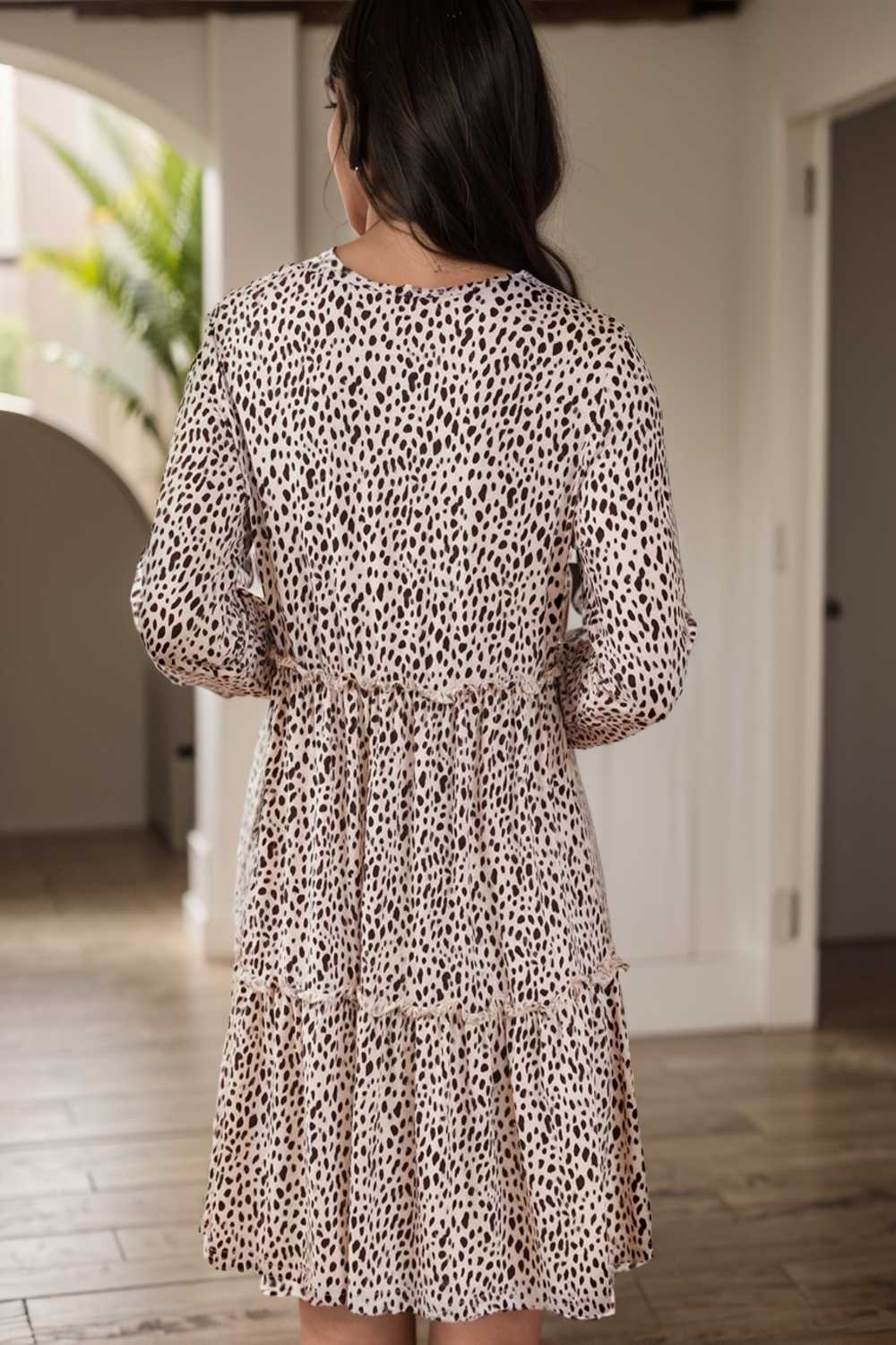 loose leopard print v neck dress drop shoulder a line closed cape paneled 105064