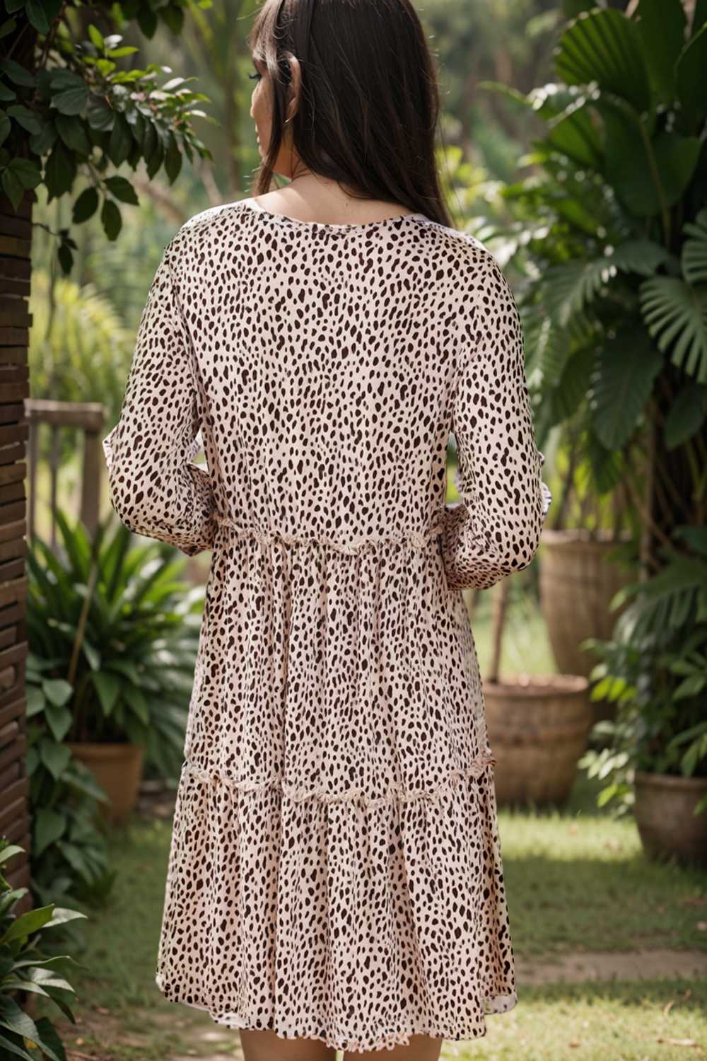 loose leopard print v neck dress drop shoulder a line closed cape paneled 105062