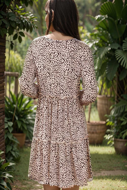 loose leopard print v neck dress drop shoulder a line closed cape paneled 105062