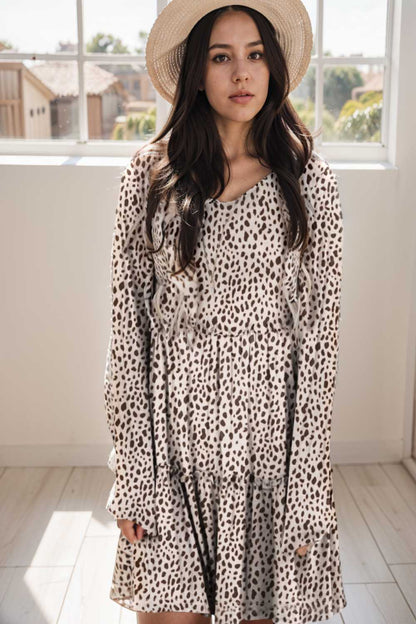 loose leopard print v neck dress drop shoulder a line closed cape paneled 129664