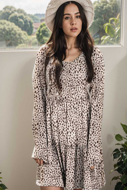 loose leopard print v neck dress drop shoulder a line closed cape paneled 127554
