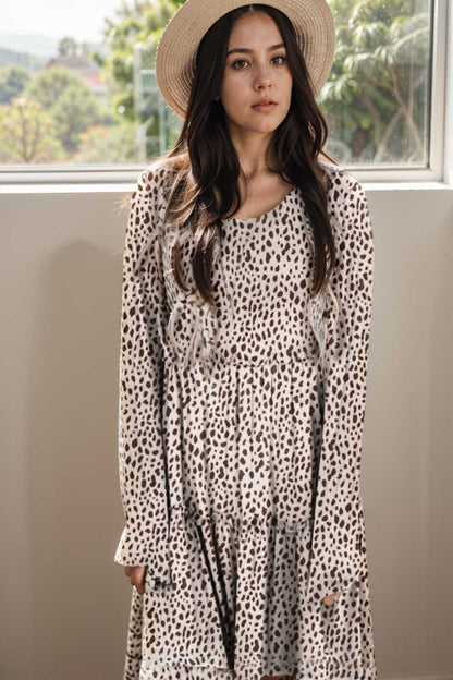 loose leopard print v neck dress drop shoulder a line closed cape paneled 105152