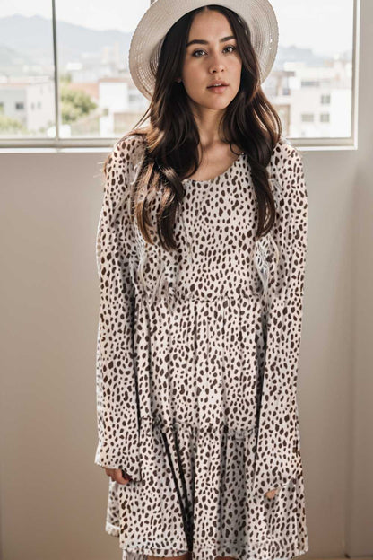 loose leopard print v neck dress drop shoulder a line closed cape paneled 142076
