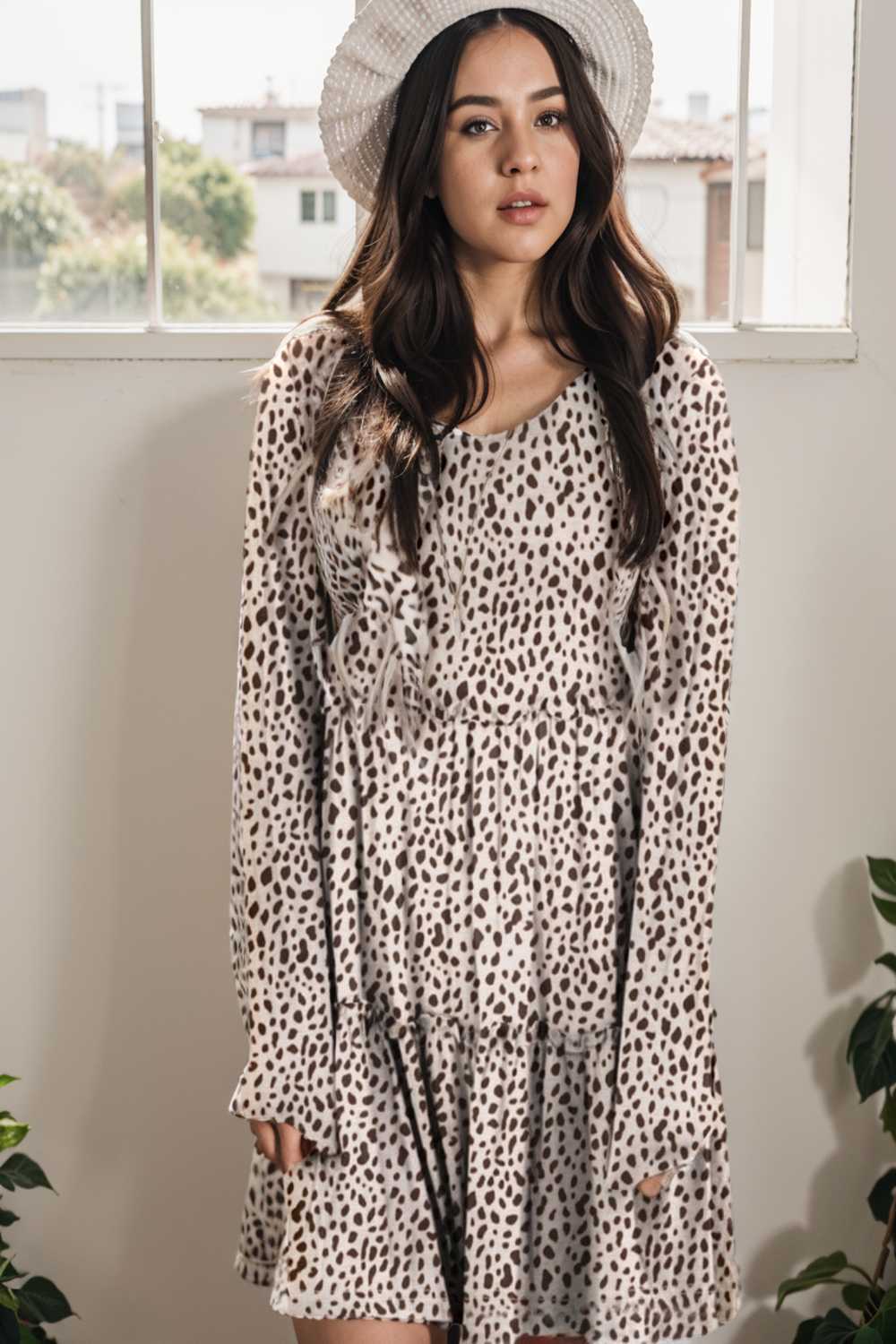 loose leopard print v neck dress drop shoulder a line closed cape paneled 132916
