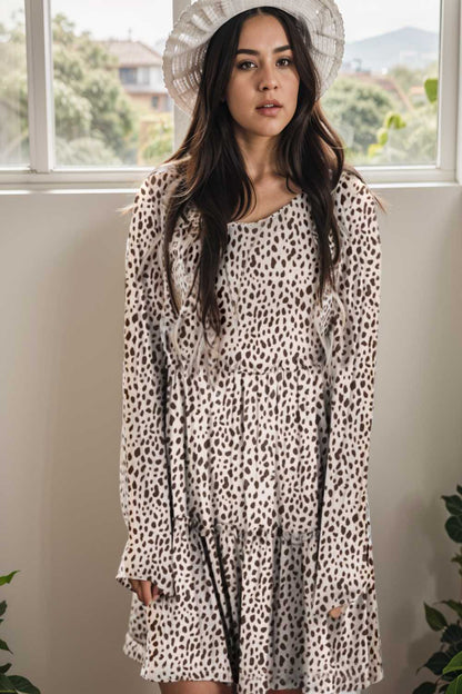 loose leopard print v neck dress drop shoulder a line closed cape paneled 108983