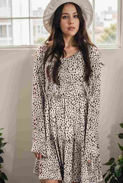 loose leopard print v neck dress drop shoulder a line closed cape paneled 131344
