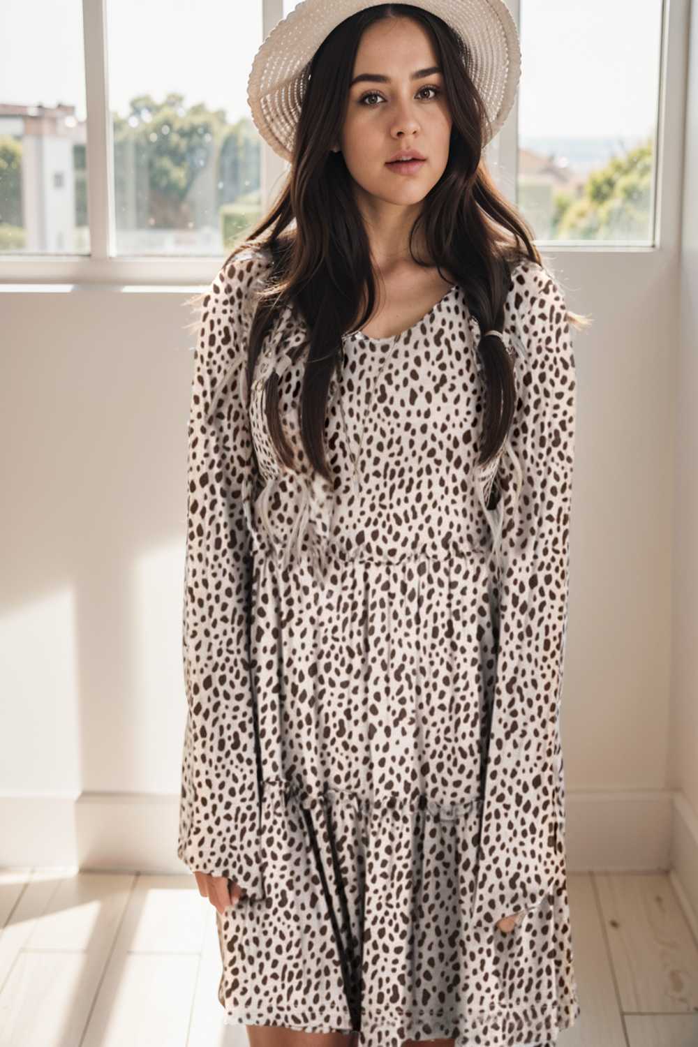 loose leopard print v neck dress drop shoulder a line closed cape paneled 132915