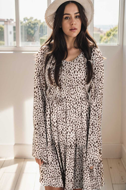 loose leopard print v neck dress drop shoulder a line closed cape paneled 132915