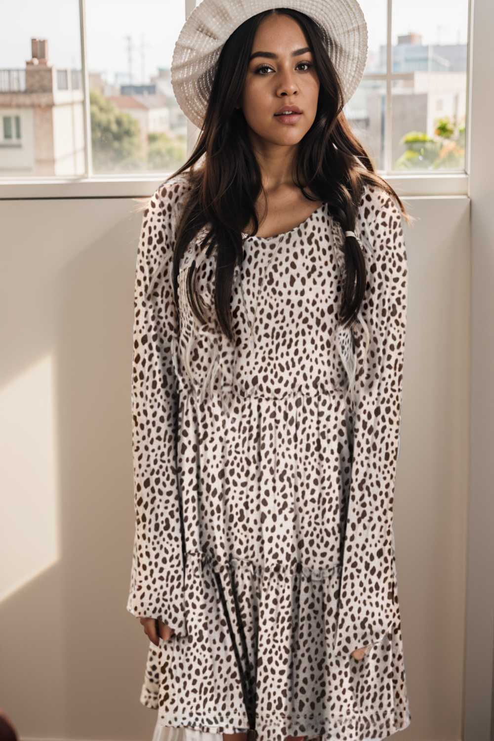 loose leopard print v neck dress drop shoulder a line closed cape paneled 110058