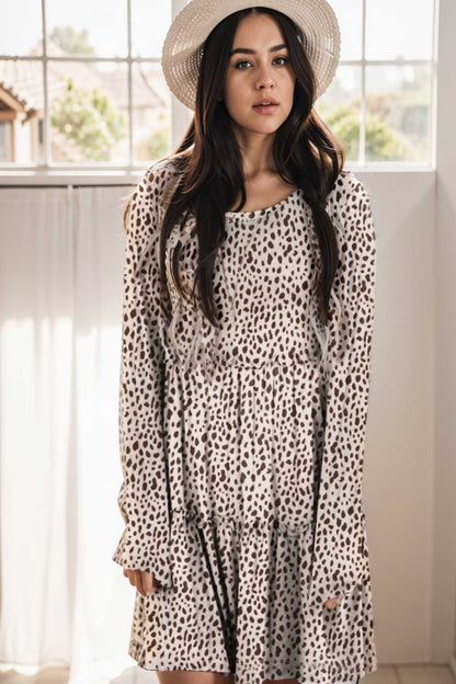 loose leopard print v neck dress drop shoulder a line closed cape paneled 106471
