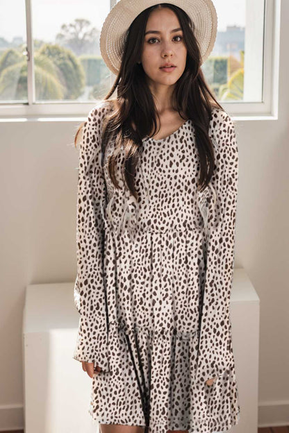 loose leopard print v neck dress drop shoulder a line closed cape paneled 105151