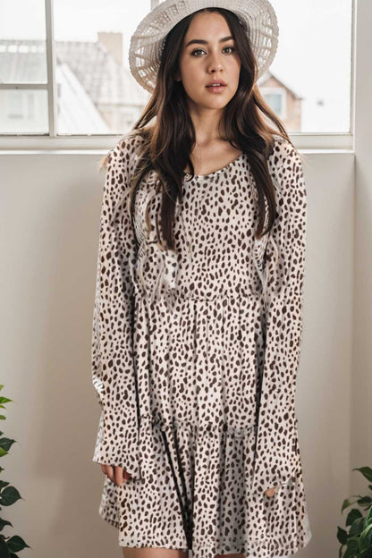 loose leopard print v neck dress drop shoulder a line closed cape paneled 127181
