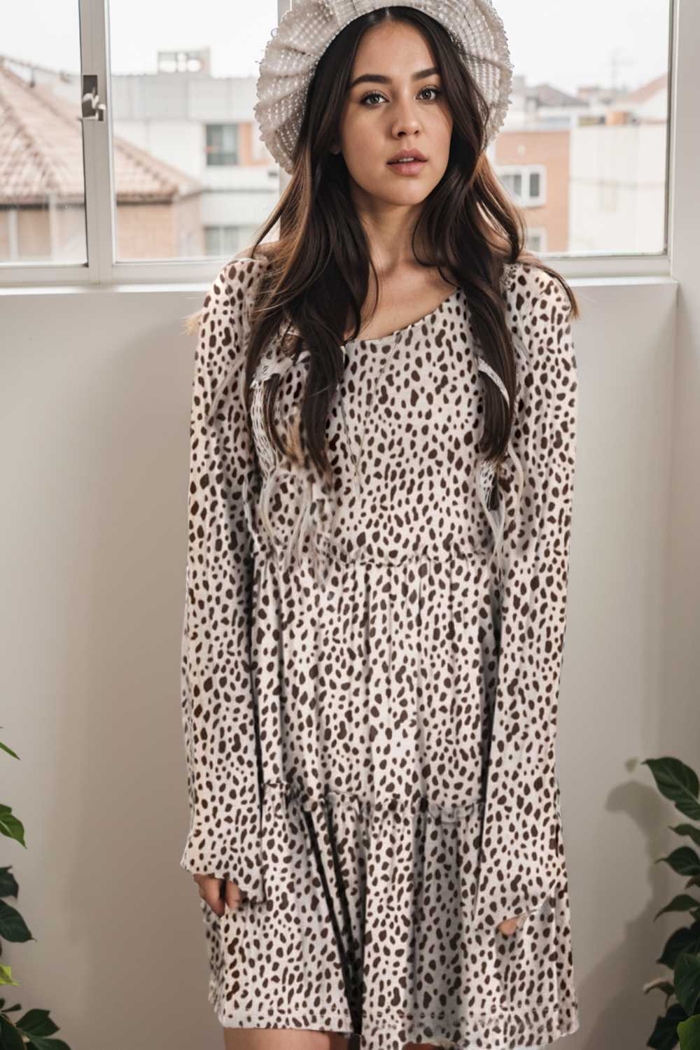 loose leopard print v neck dress drop shoulder a line closed cape paneled 127180