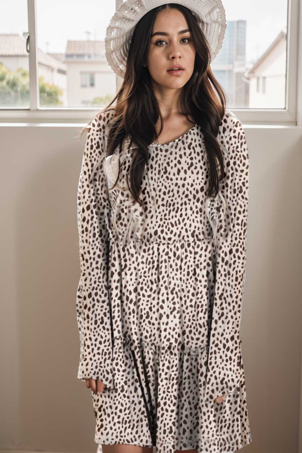 loose leopard print v neck dress drop shoulder a line closed cape paneled 106469