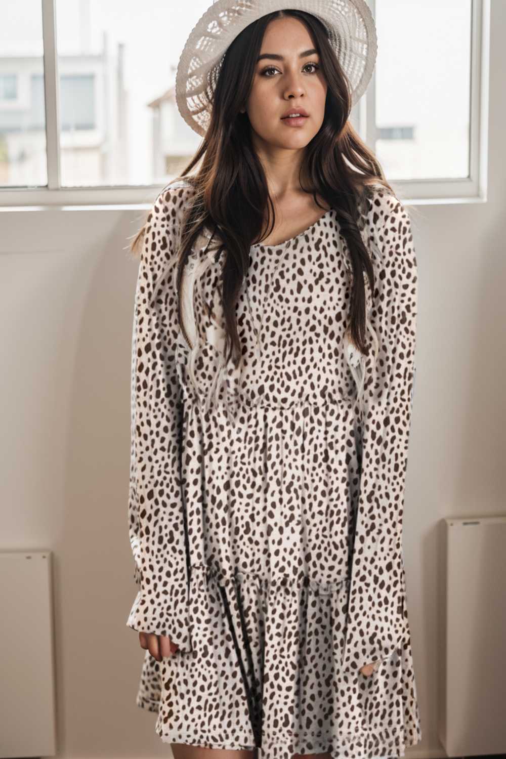 loose leopard print v neck dress drop shoulder a line closed cape paneled 132913