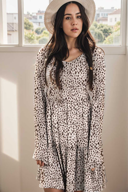 loose leopard print v neck dress drop shoulder a line closed cape paneled 127551