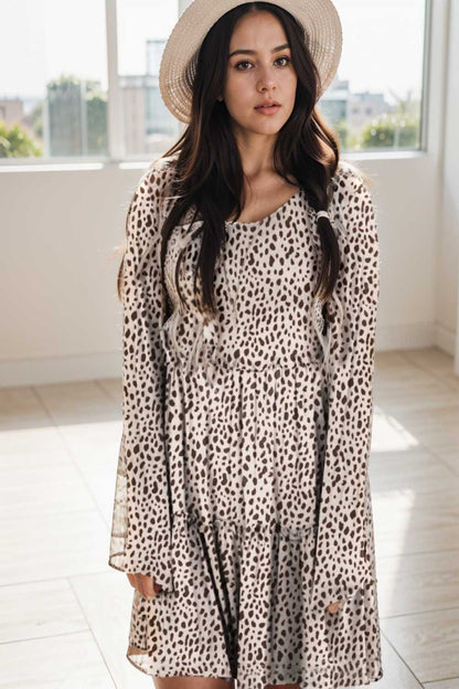 loose leopard print v neck dress drop shoulder a line closed cape paneled 105148