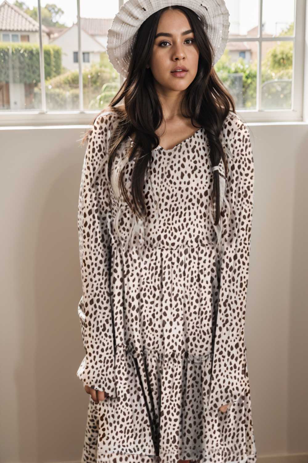 loose leopard print v neck dress drop shoulder a line closed cape paneled 132912