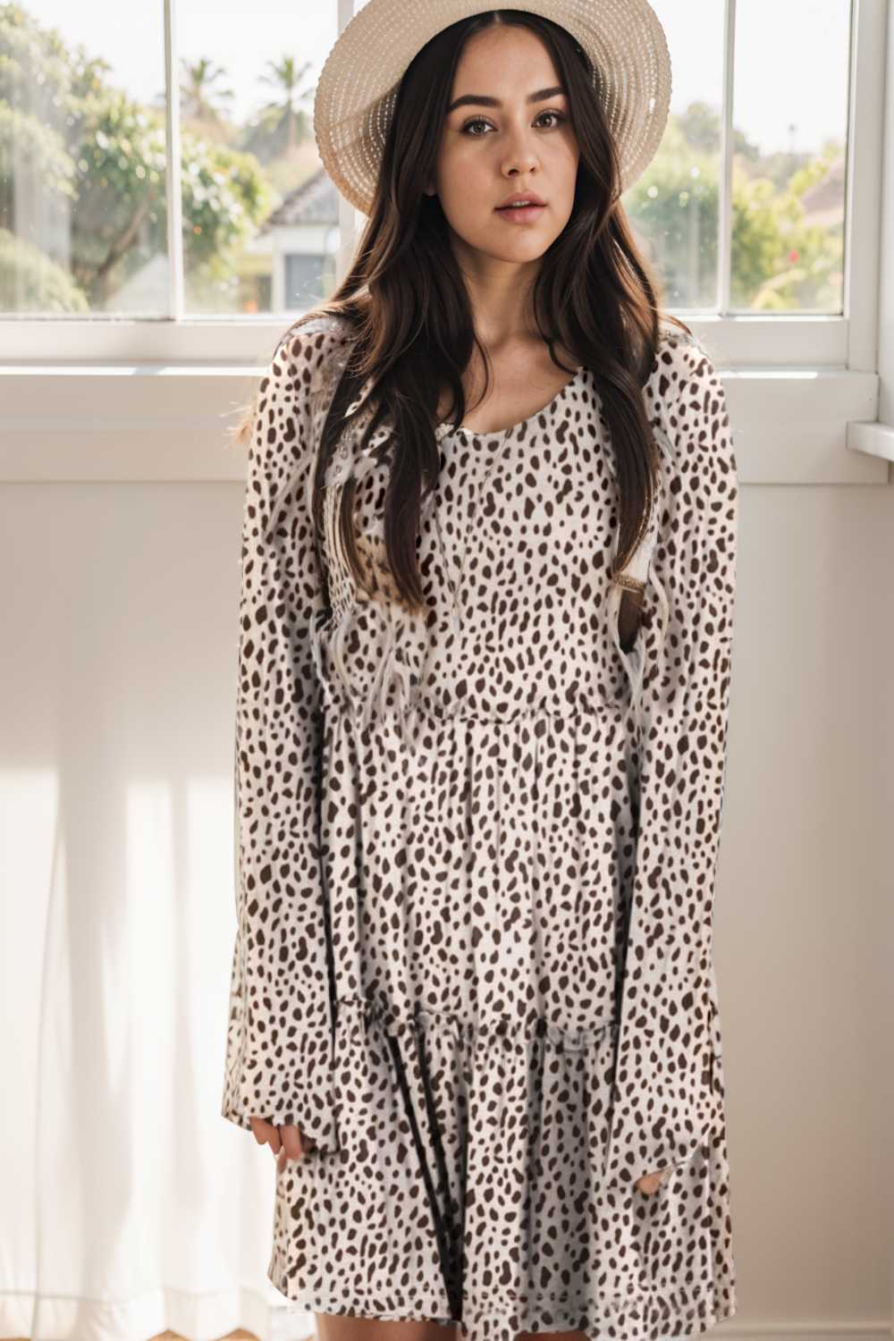 loose leopard print v neck dress drop shoulder a line closed cape paneled 132911