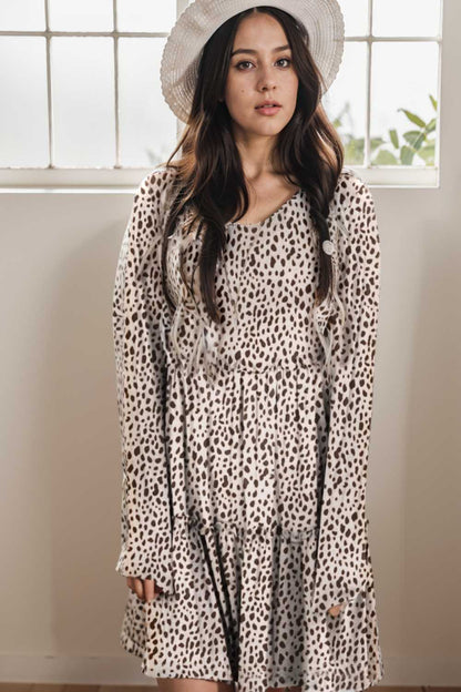 loose leopard print v neck dress drop shoulder a line closed cape paneled 133187