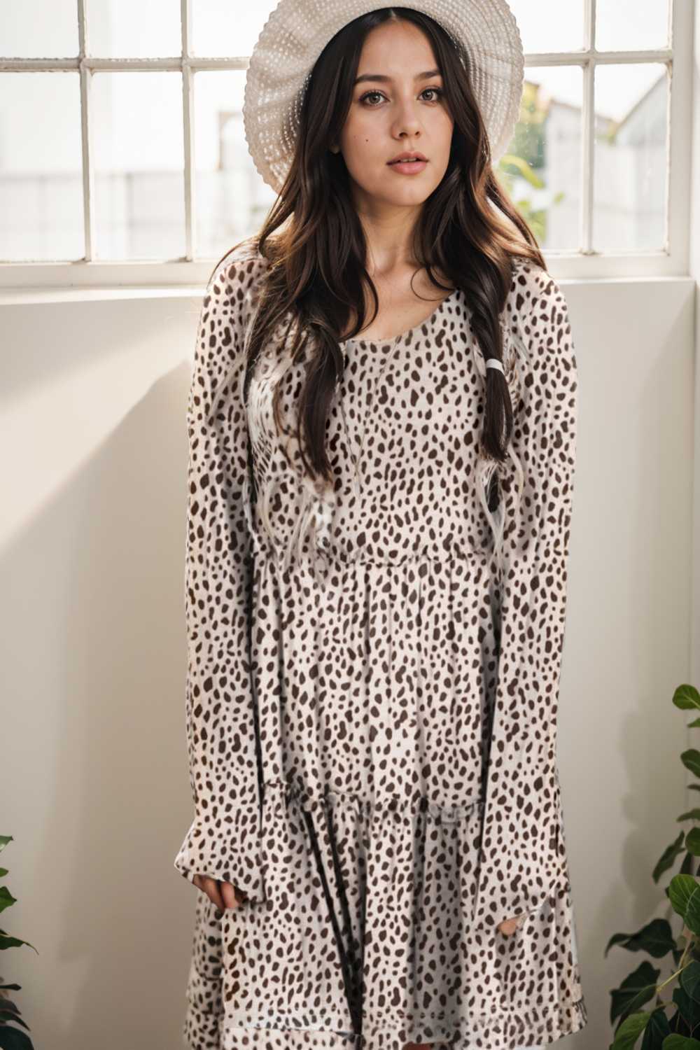 loose leopard print v neck dress drop shoulder a line closed cape paneled 105147