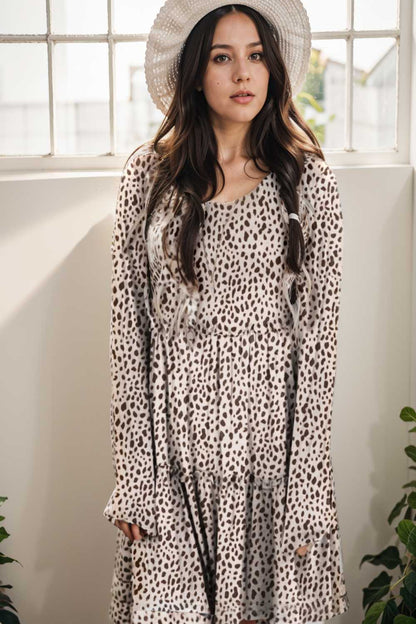 loose leopard print v neck dress drop shoulder a line closed cape paneled 105147