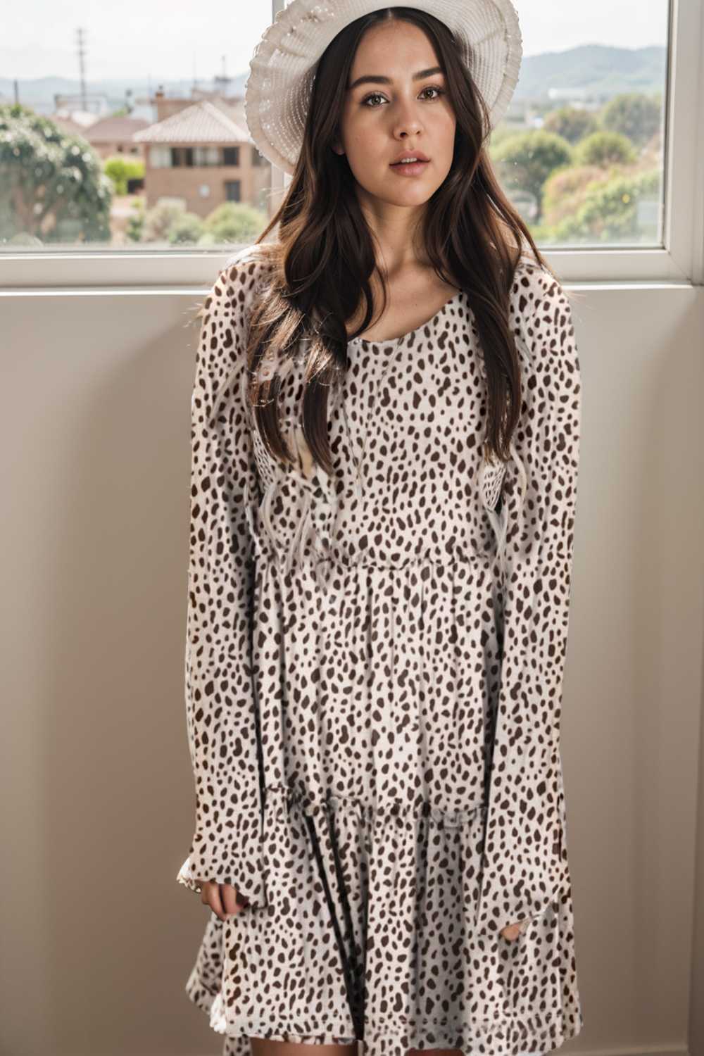 loose leopard print v neck dress drop shoulder a line closed cape paneled 106467