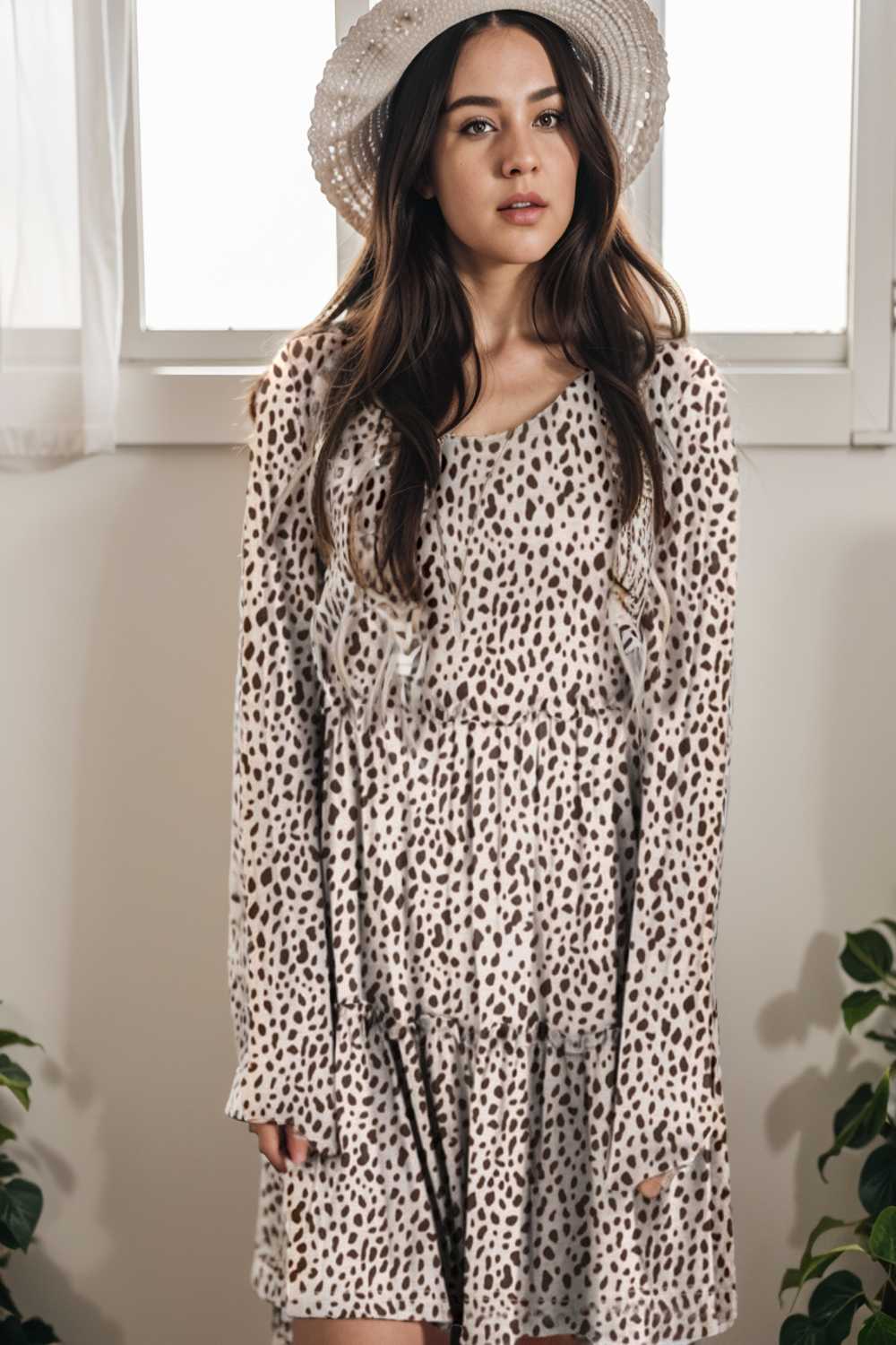 loose leopard print v neck dress drop shoulder a line closed cape paneled 132910