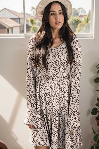 loose leopard print v neck dress drop shoulder a line closed cape paneled 127176