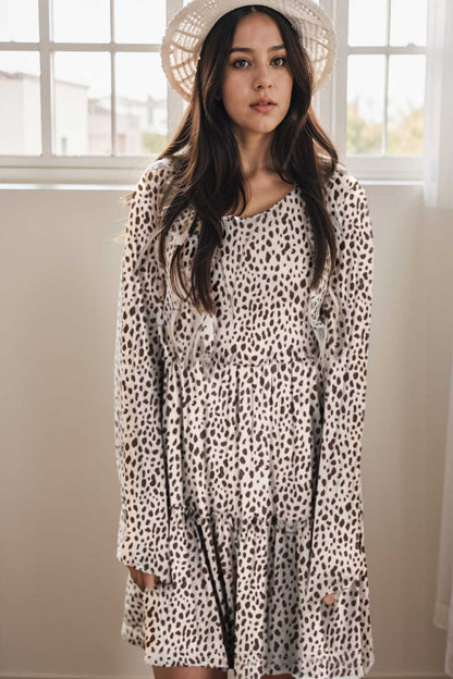 loose leopard print v neck dress drop shoulder a line closed cape paneled 133186