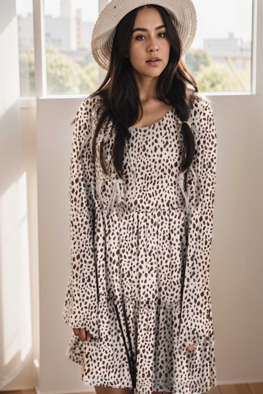 loose leopard print v neck dress drop shoulder a line closed cape paneled 106466