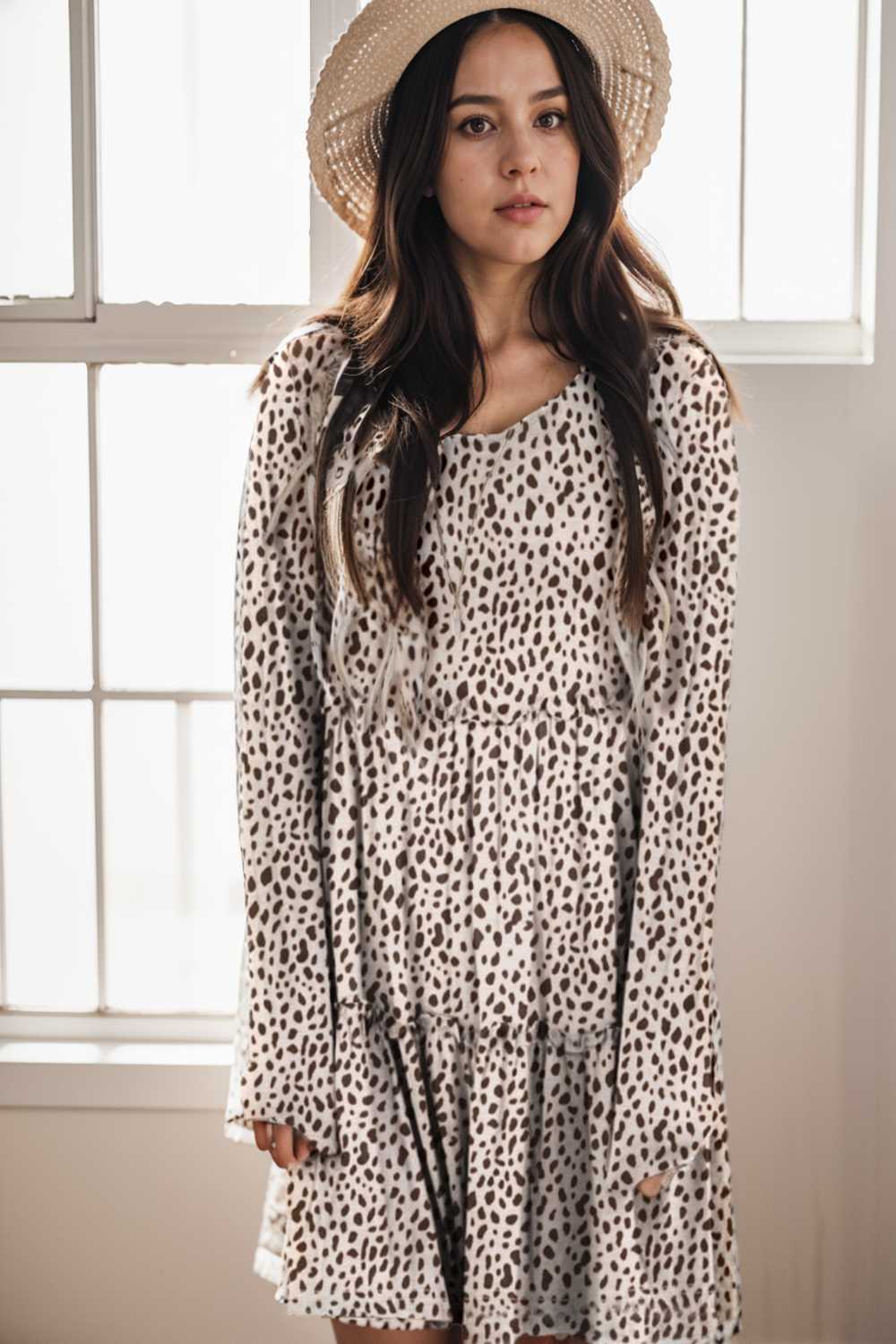 loose leopard print v neck dress drop shoulder a line closed cape paneled 105146