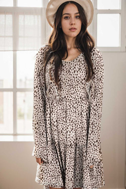 loose leopard print v neck dress drop shoulder a line closed cape paneled 115564