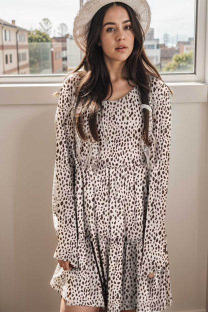 loose leopard print v neck dress drop shoulder a line closed cape paneled 127175