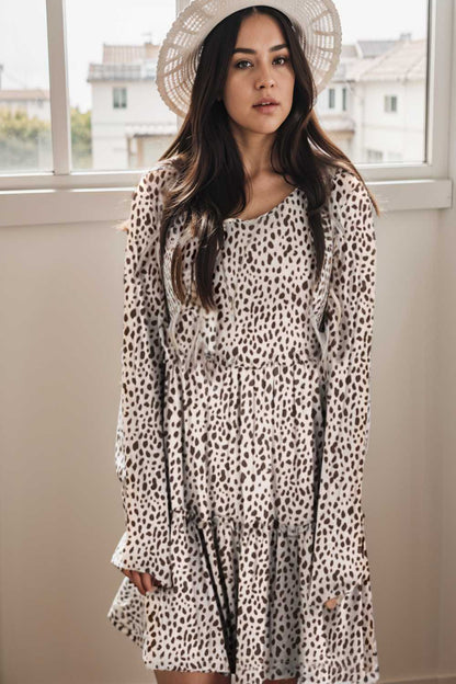 loose leopard print v neck dress drop shoulder a line closed cape paneled 127174