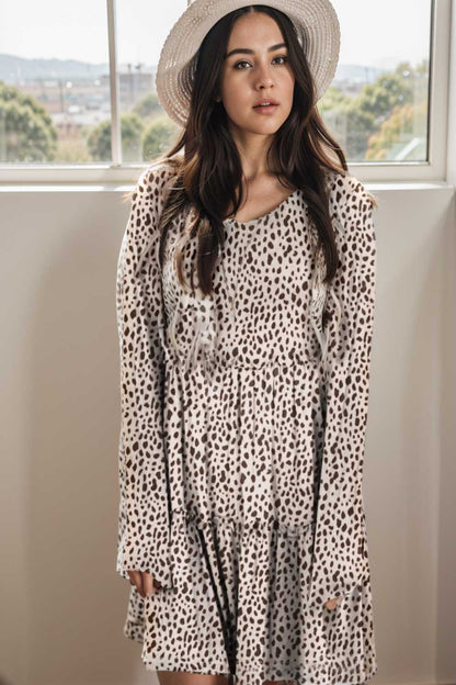 loose leopard print v neck dress drop shoulder a line closed cape paneled 106464