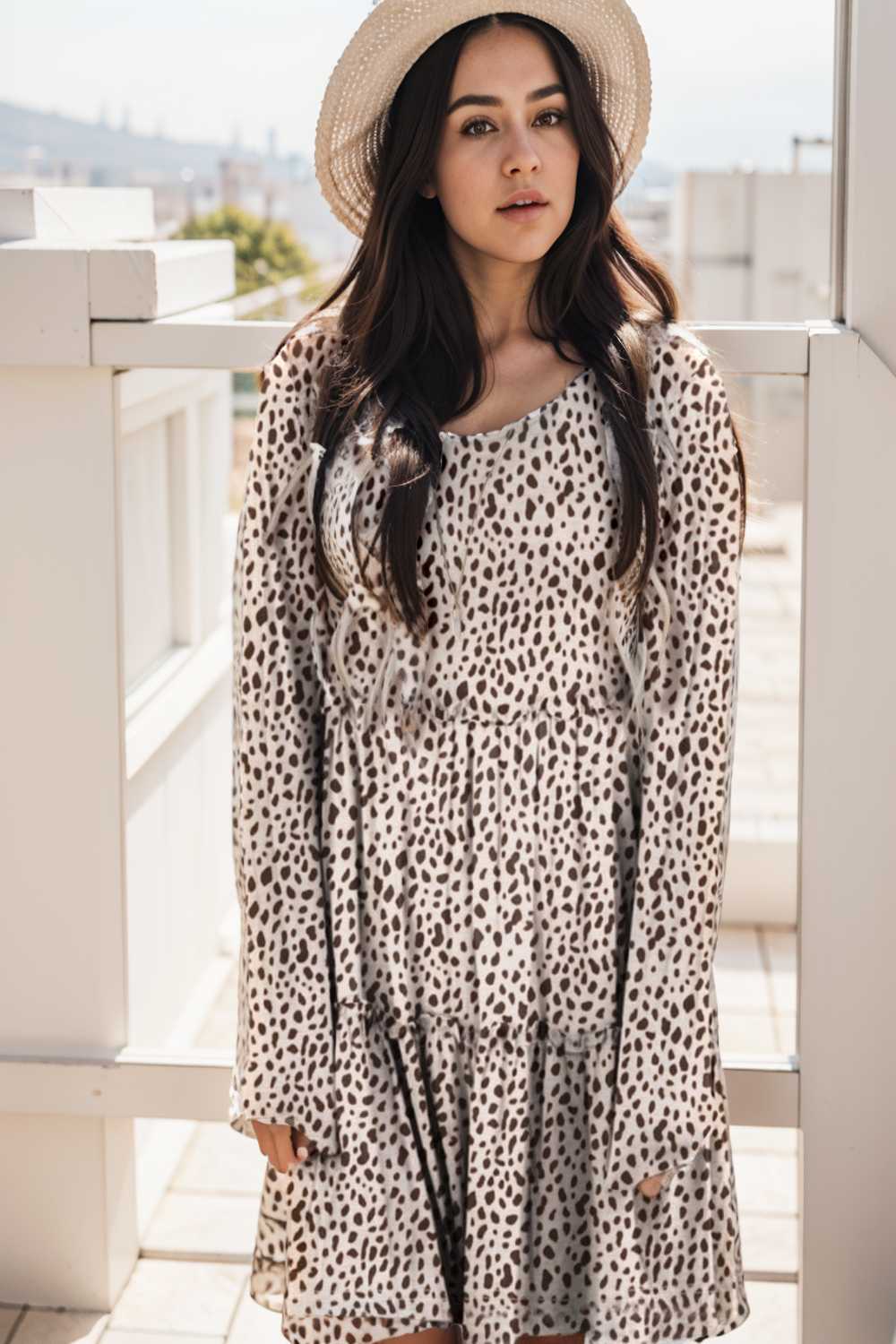 loose leopard print v neck dress drop shoulder a line closed cape paneled 132907