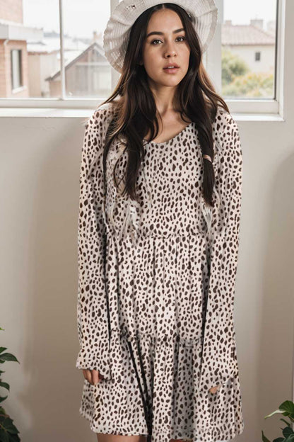 loose leopard print v neck dress drop shoulder a line closed cape paneled 113472