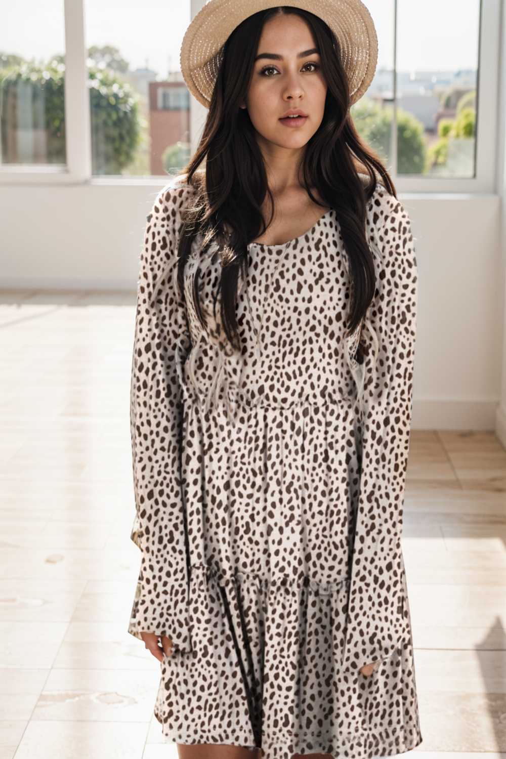 loose leopard print v neck dress drop shoulder a line closed cape paneled 106463