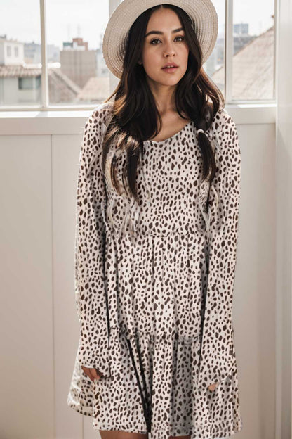 loose leopard print v neck dress drop shoulder a line closed cape paneled 127172