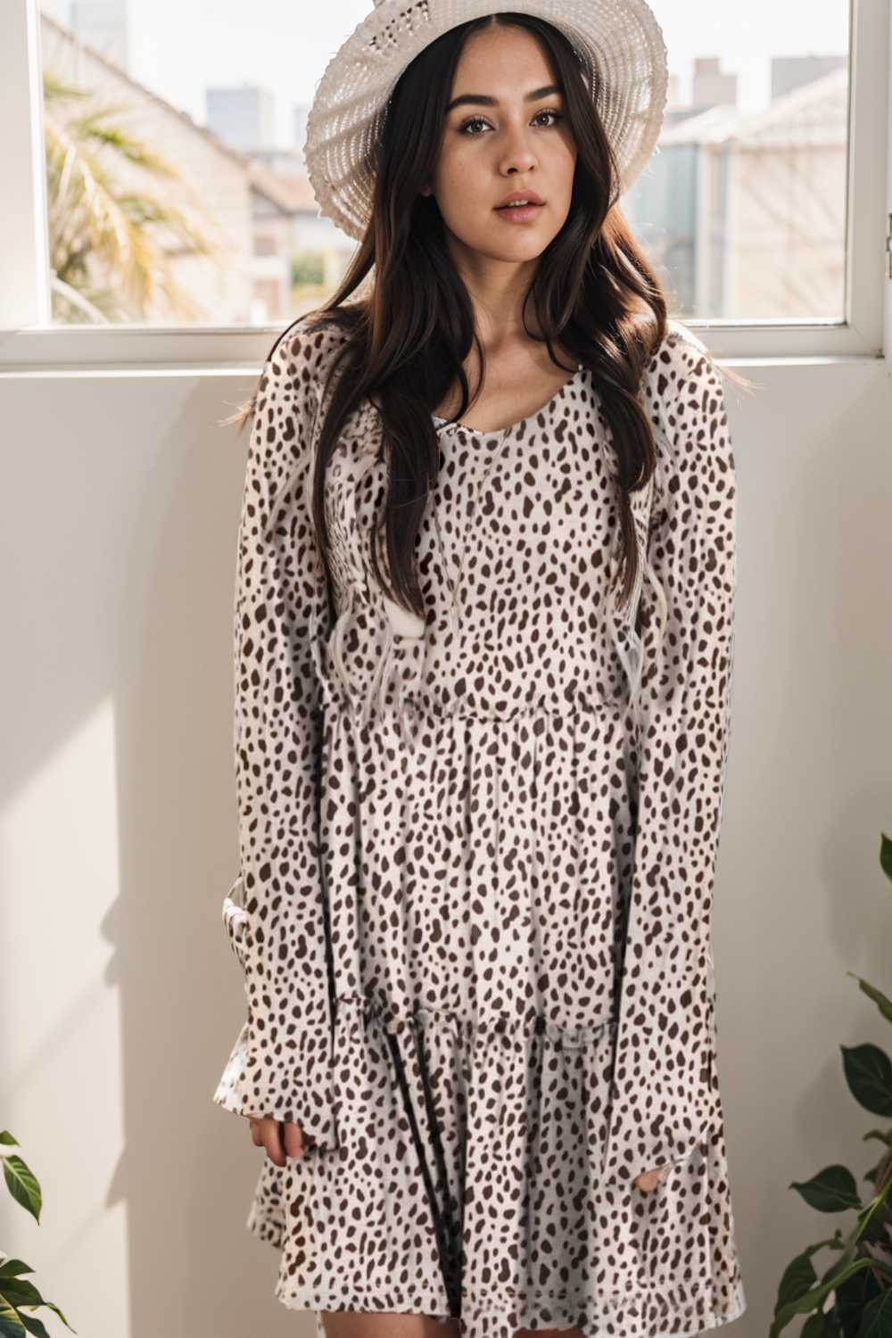 loose leopard print v neck dress drop shoulder a line closed cape paneled 106461