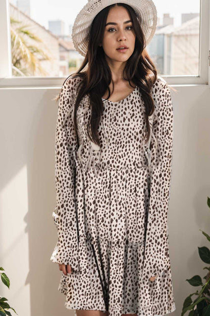 loose leopard print v neck dress drop shoulder a line closed cape paneled 106461