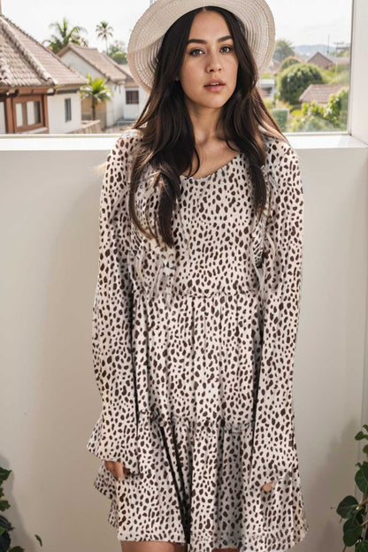 loose leopard print v neck dress drop shoulder a line closed cape paneled 132905