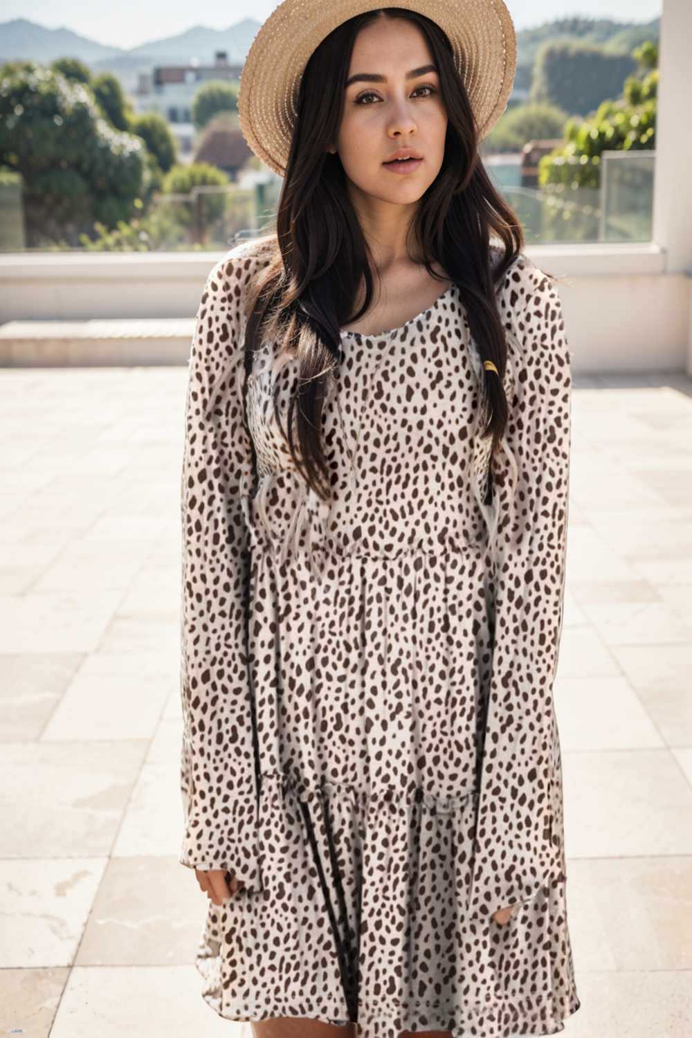 loose leopard print v neck dress drop shoulder a line closed cape paneled 105060
