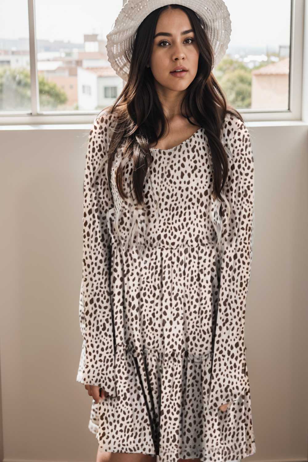 loose leopard print v neck dress drop shoulder a line closed cape paneled 132904