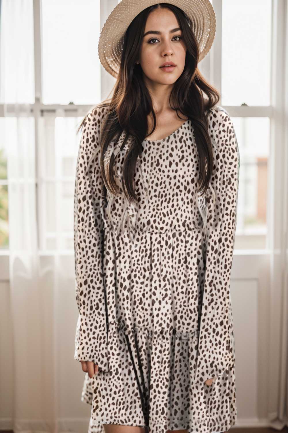 loose leopard print v neck dress drop shoulder a line closed cape paneled 105059