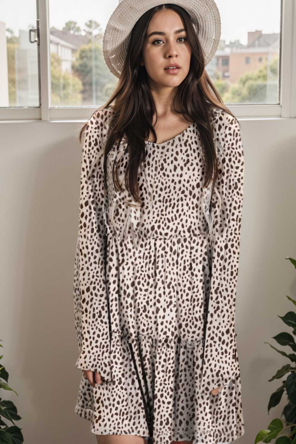 loose leopard print v neck dress drop shoulder a line closed cape paneled 132902