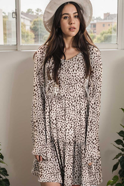 loose leopard print v neck dress drop shoulder a line closed cape paneled 132902