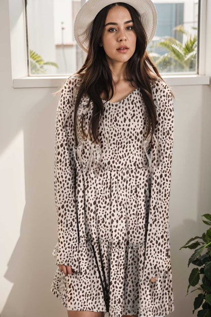loose leopard print v neck dress drop shoulder a line closed cape paneled 127168
