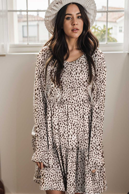 loose leopard print v neck dress drop shoulder a line closed cape paneled 132901